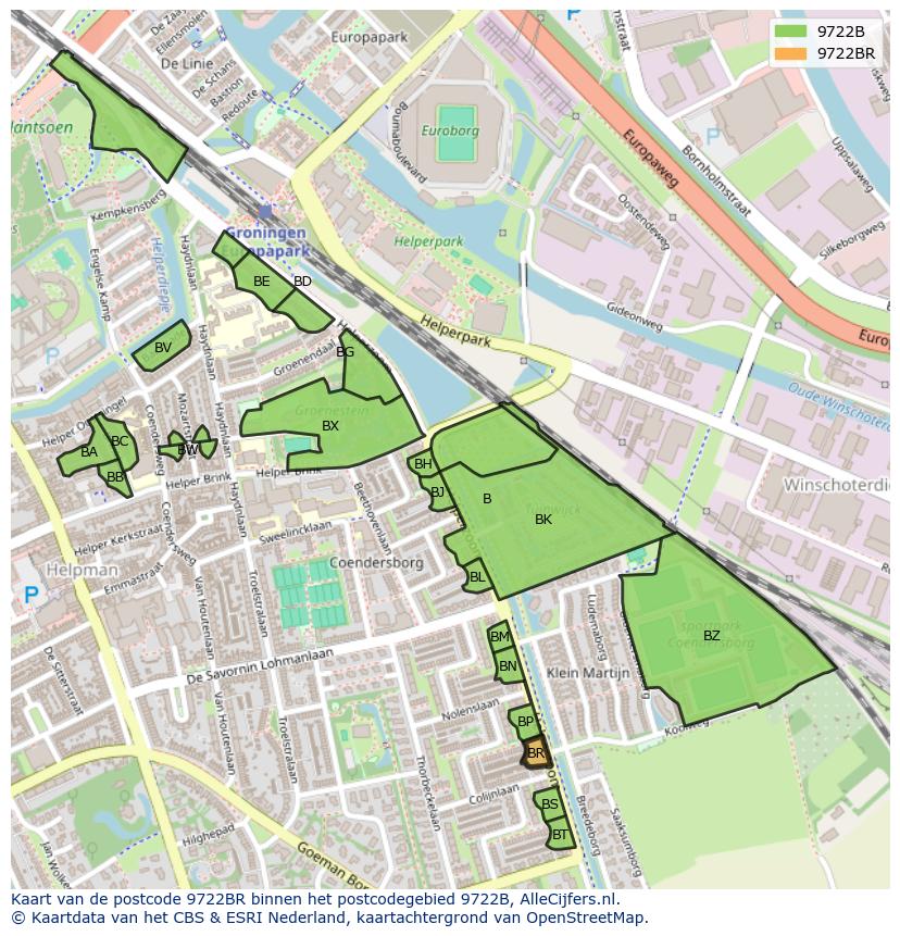 Afbeelding van het postcodegebied 9722 BR op de kaart.