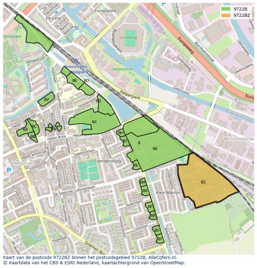 Afbeelding van het postcodegebied 9722 BZ op de kaart.