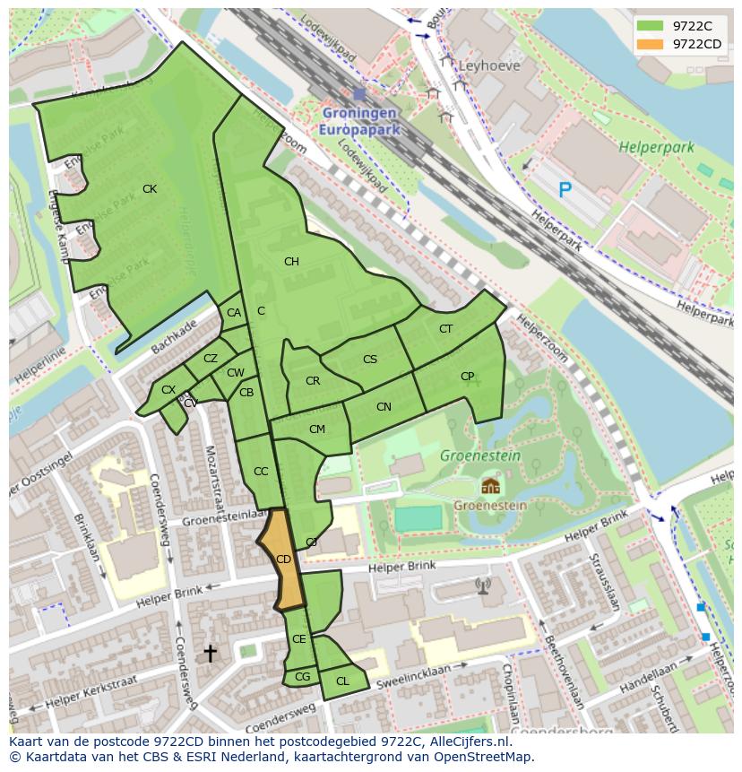 Afbeelding van het postcodegebied 9722 CD op de kaart.