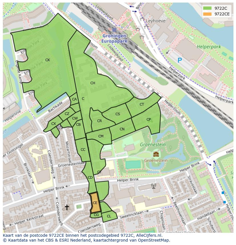 Afbeelding van het postcodegebied 9722 CE op de kaart.