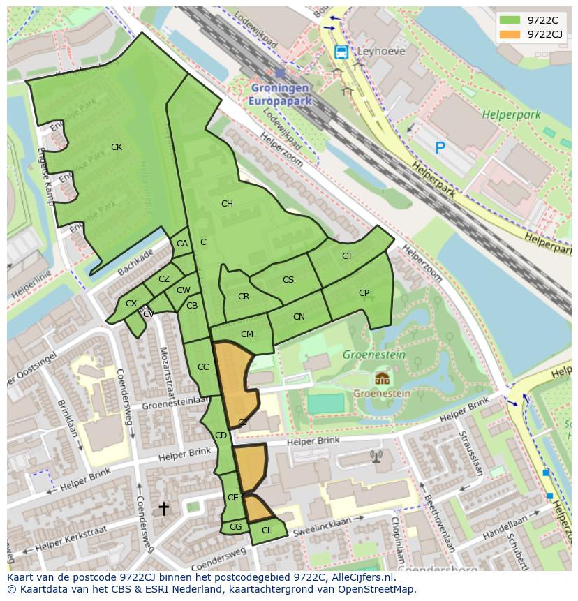 Afbeelding van het postcodegebied 9722 CJ op de kaart.