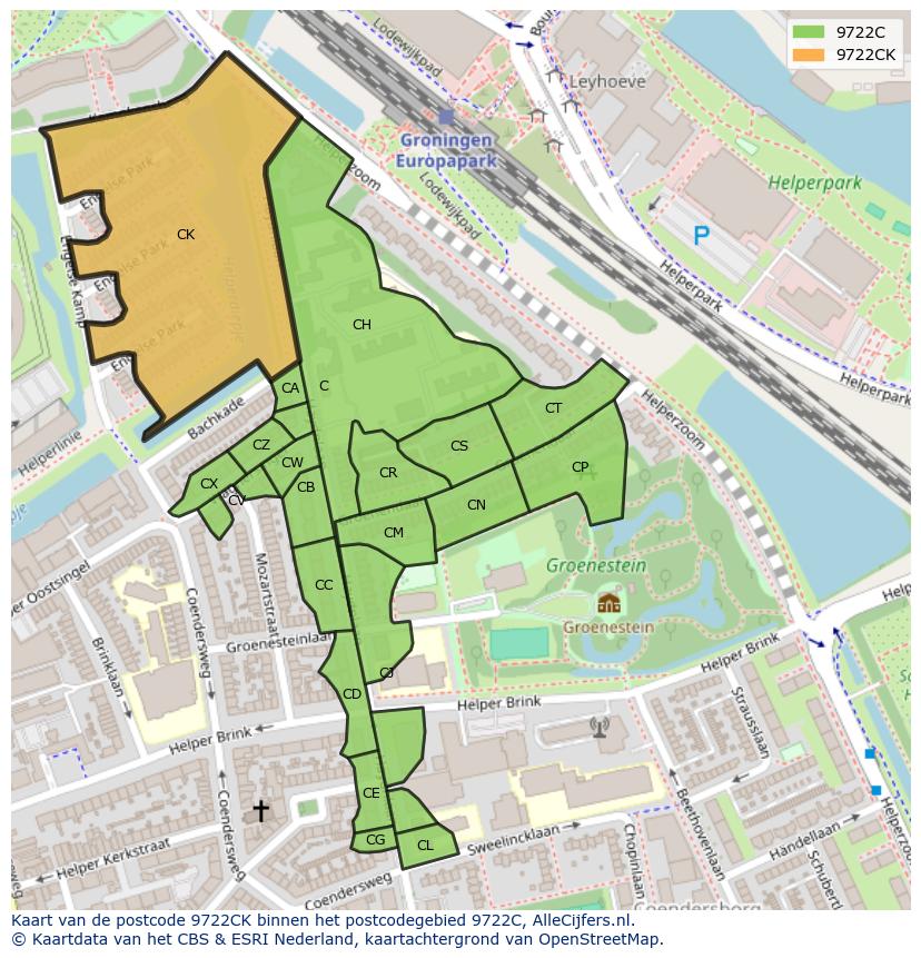 Afbeelding van het postcodegebied 9722 CK op de kaart.