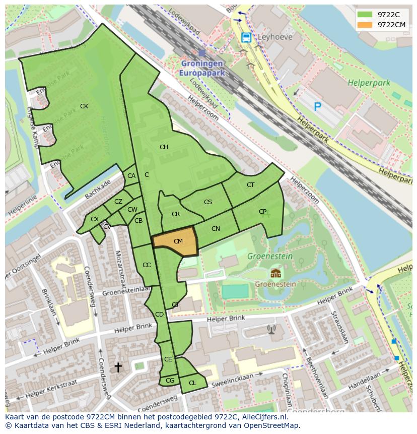 Afbeelding van het postcodegebied 9722 CM op de kaart.