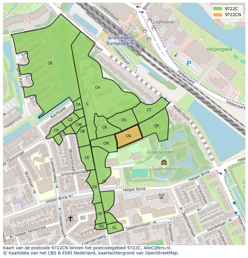 Afbeelding van het postcodegebied 9722 CN op de kaart.
