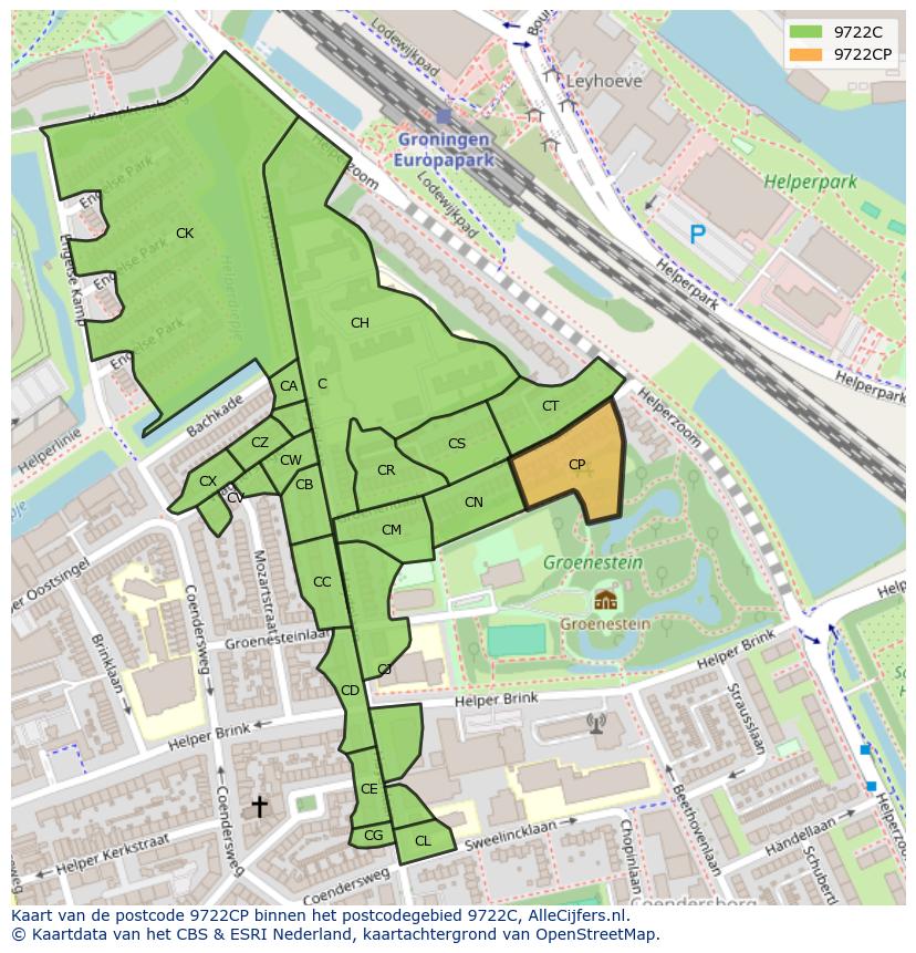 Afbeelding van het postcodegebied 9722 CP op de kaart.