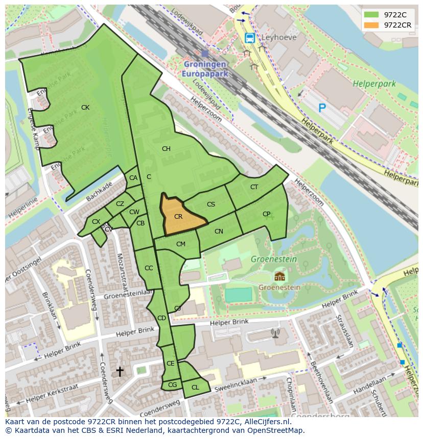 Afbeelding van het postcodegebied 9722 CR op de kaart.