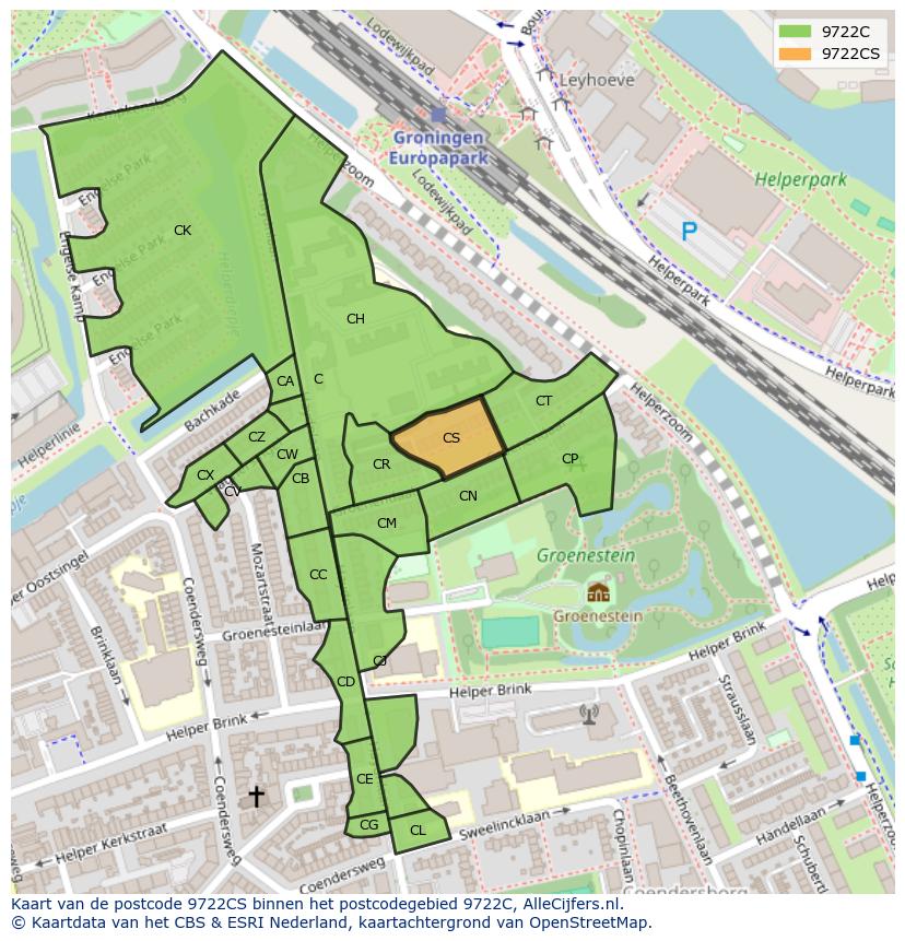 Afbeelding van het postcodegebied 9722 CS op de kaart.
