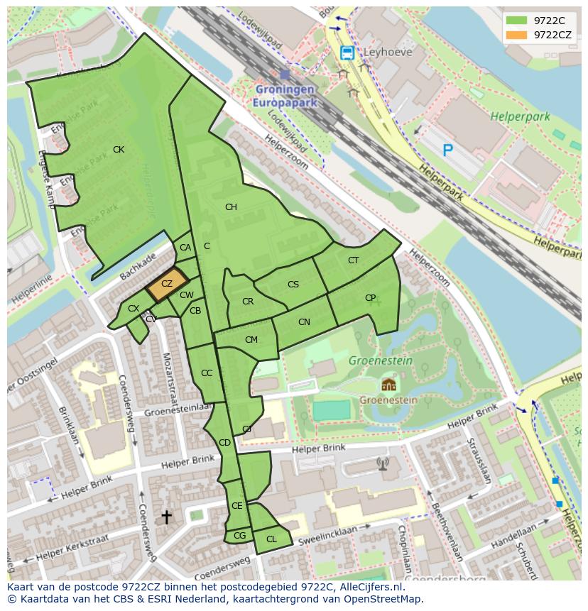 Afbeelding van het postcodegebied 9722 CZ op de kaart.