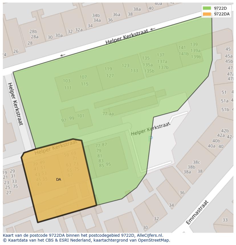 Afbeelding van het postcodegebied 9722 DA op de kaart.