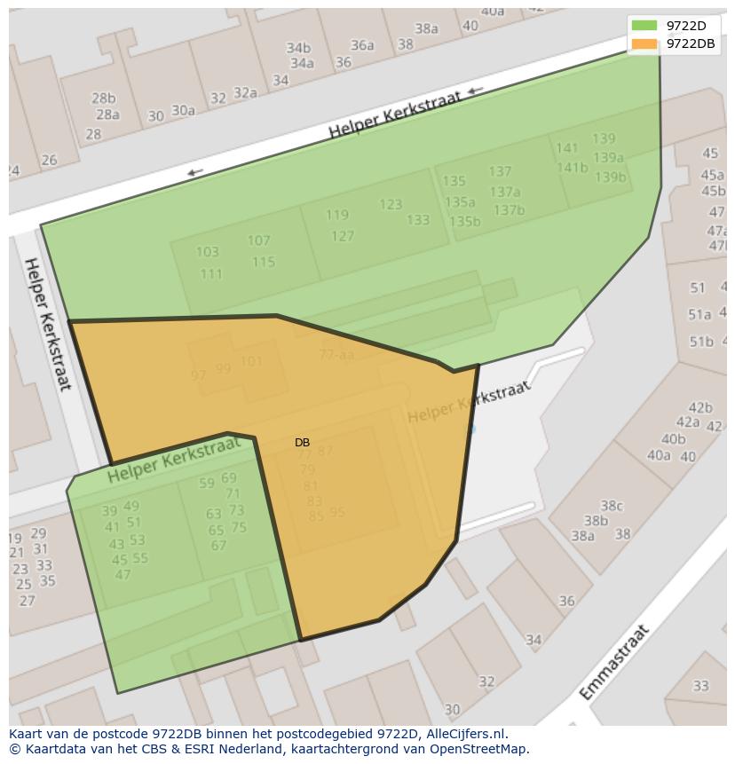 Afbeelding van het postcodegebied 9722 DB op de kaart.