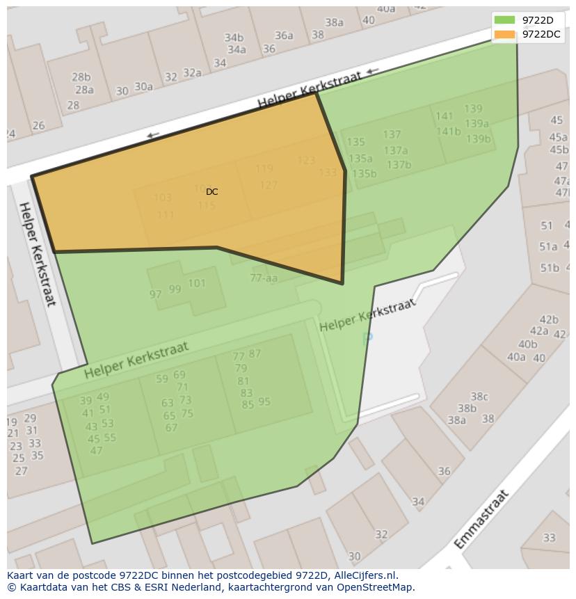 Afbeelding van het postcodegebied 9722 DC op de kaart.
