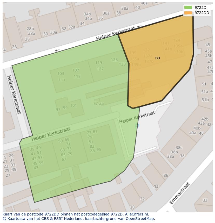 Afbeelding van het postcodegebied 9722 DD op de kaart.