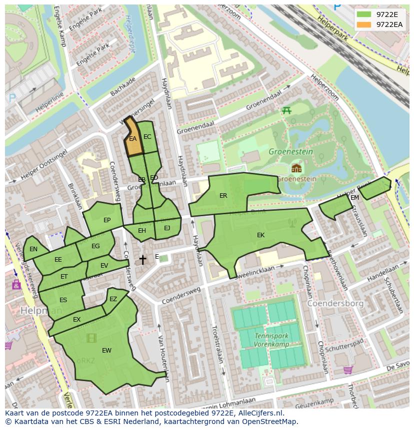 Afbeelding van het postcodegebied 9722 EA op de kaart.