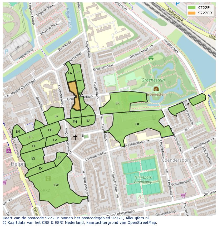 Afbeelding van het postcodegebied 9722 EB op de kaart.