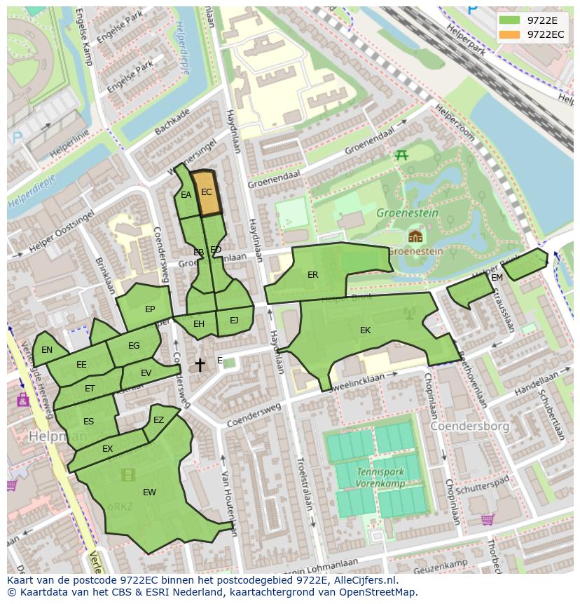 Afbeelding van het postcodegebied 9722 EC op de kaart.