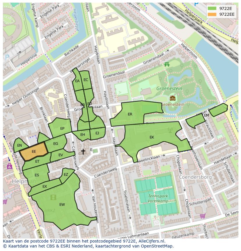 Afbeelding van het postcodegebied 9722 EE op de kaart.