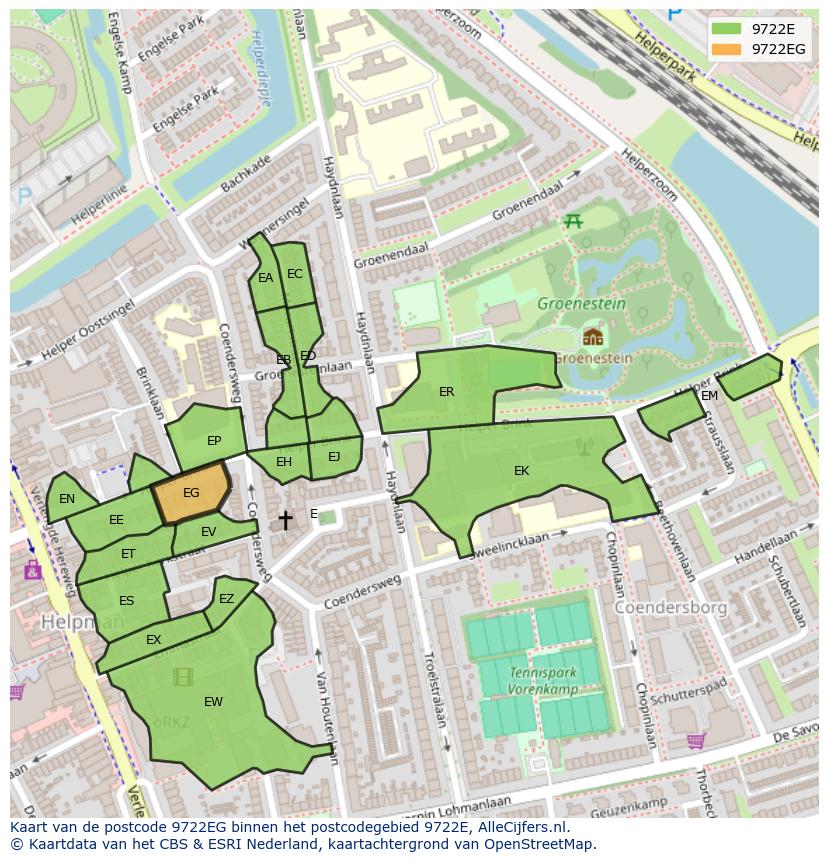 Afbeelding van het postcodegebied 9722 EG op de kaart.