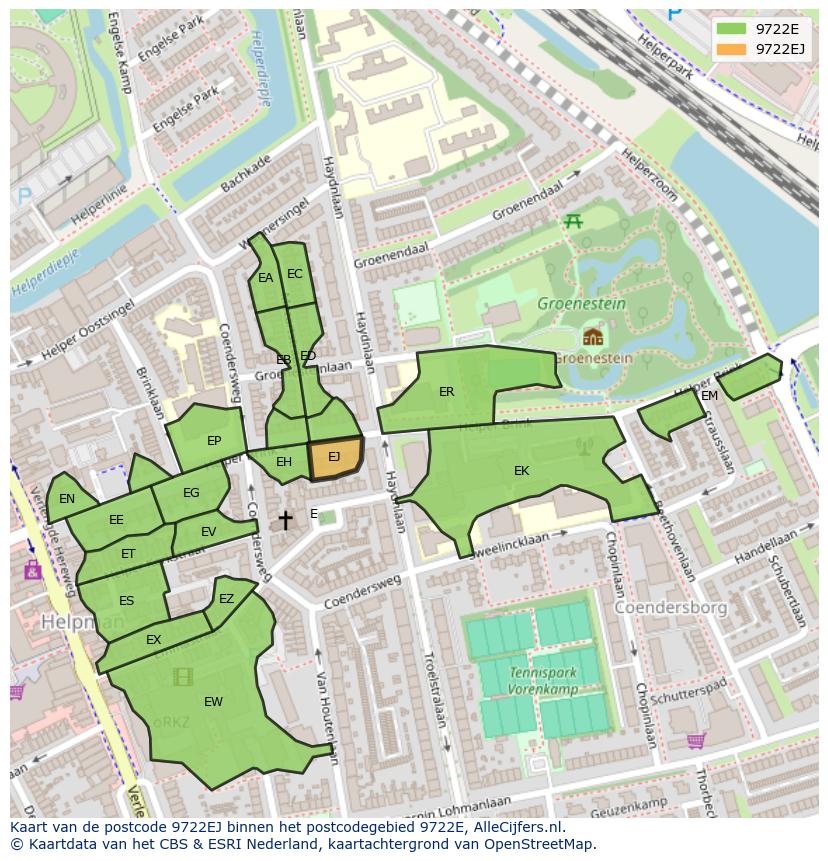 Afbeelding van het postcodegebied 9722 EJ op de kaart.