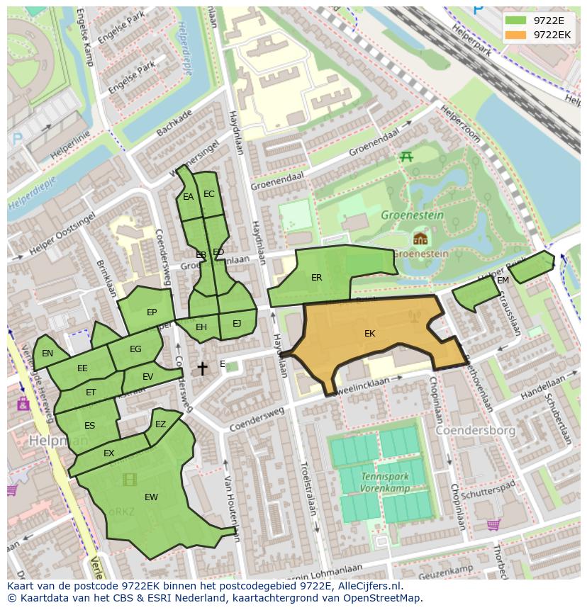 Afbeelding van het postcodegebied 9722 EK op de kaart.