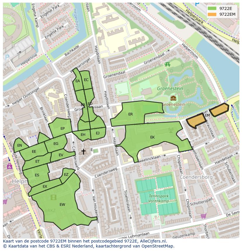 Afbeelding van het postcodegebied 9722 EM op de kaart.
