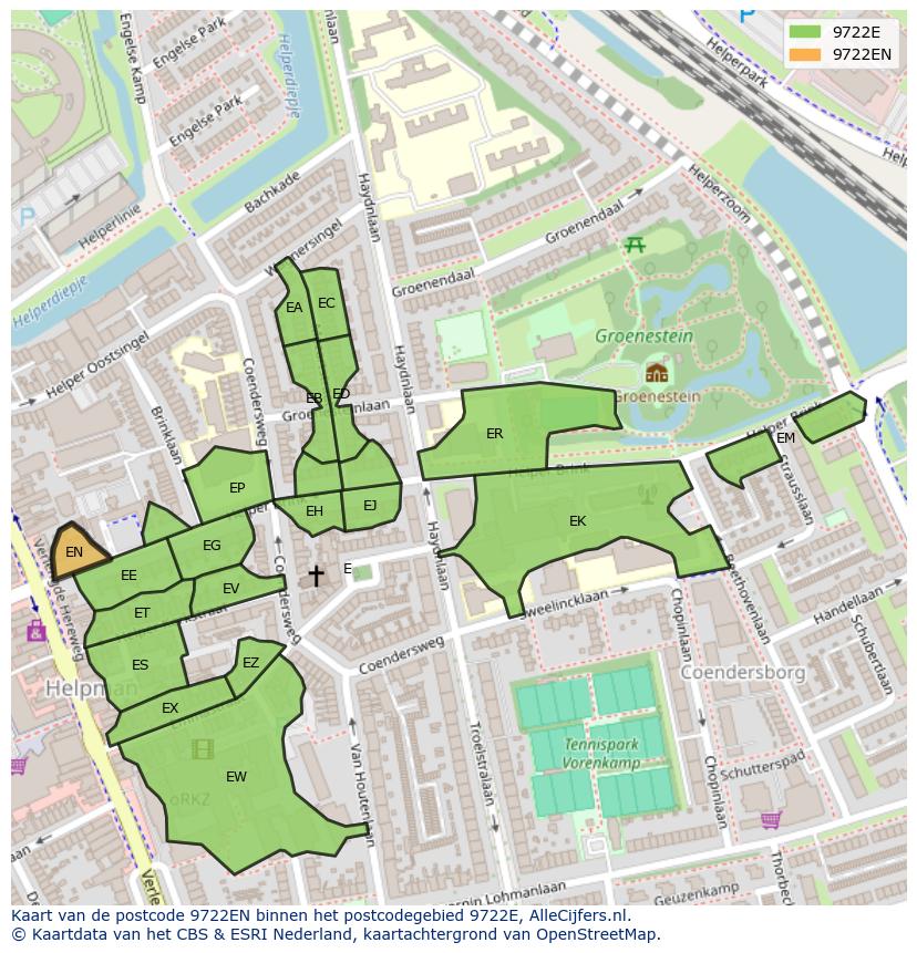 Afbeelding van het postcodegebied 9722 EN op de kaart.