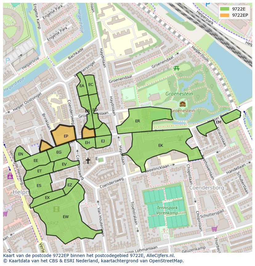 Afbeelding van het postcodegebied 9722 EP op de kaart.