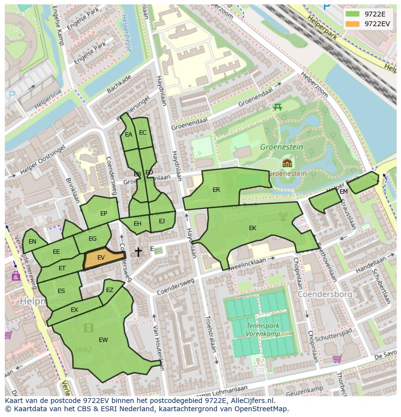 Afbeelding van het postcodegebied 9722 EV op de kaart.