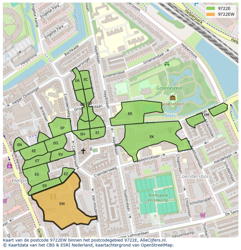 Afbeelding van het postcodegebied 9722 EW op de kaart.