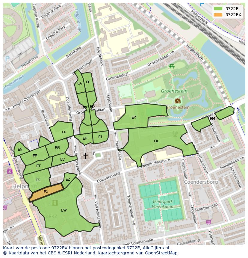 Afbeelding van het postcodegebied 9722 EX op de kaart.