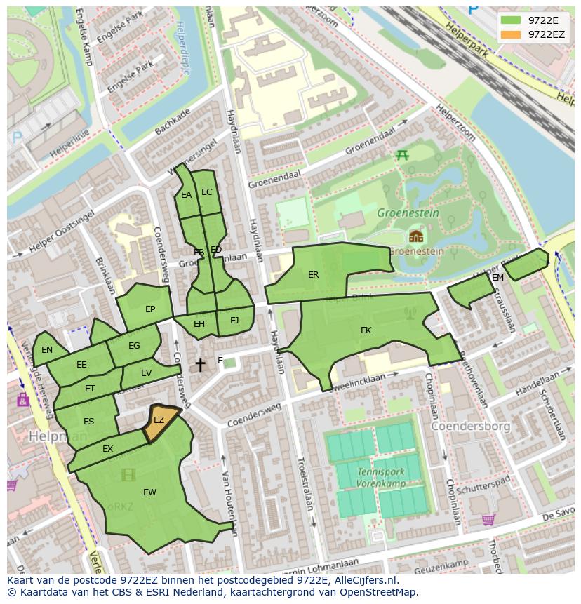 Afbeelding van het postcodegebied 9722 EZ op de kaart.