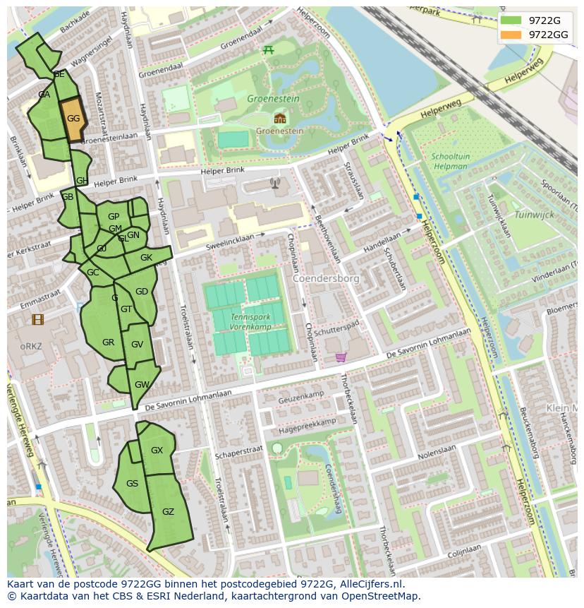 Afbeelding van het postcodegebied 9722 GG op de kaart.
