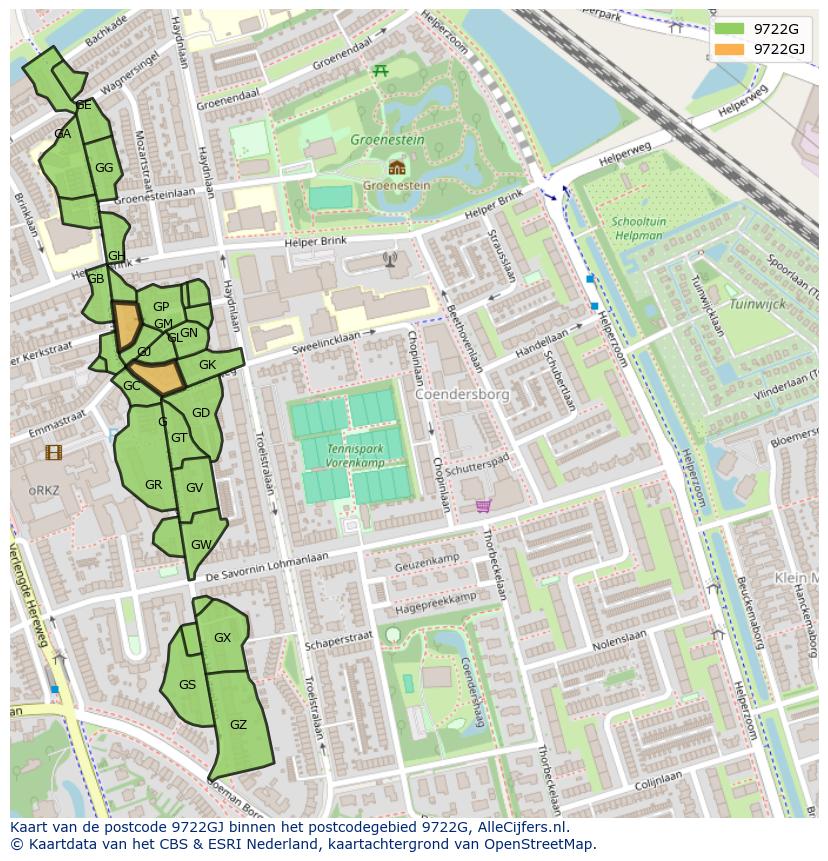 Afbeelding van het postcodegebied 9722 GJ op de kaart.