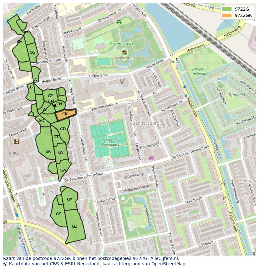 Afbeelding van het postcodegebied 9722 GK op de kaart.