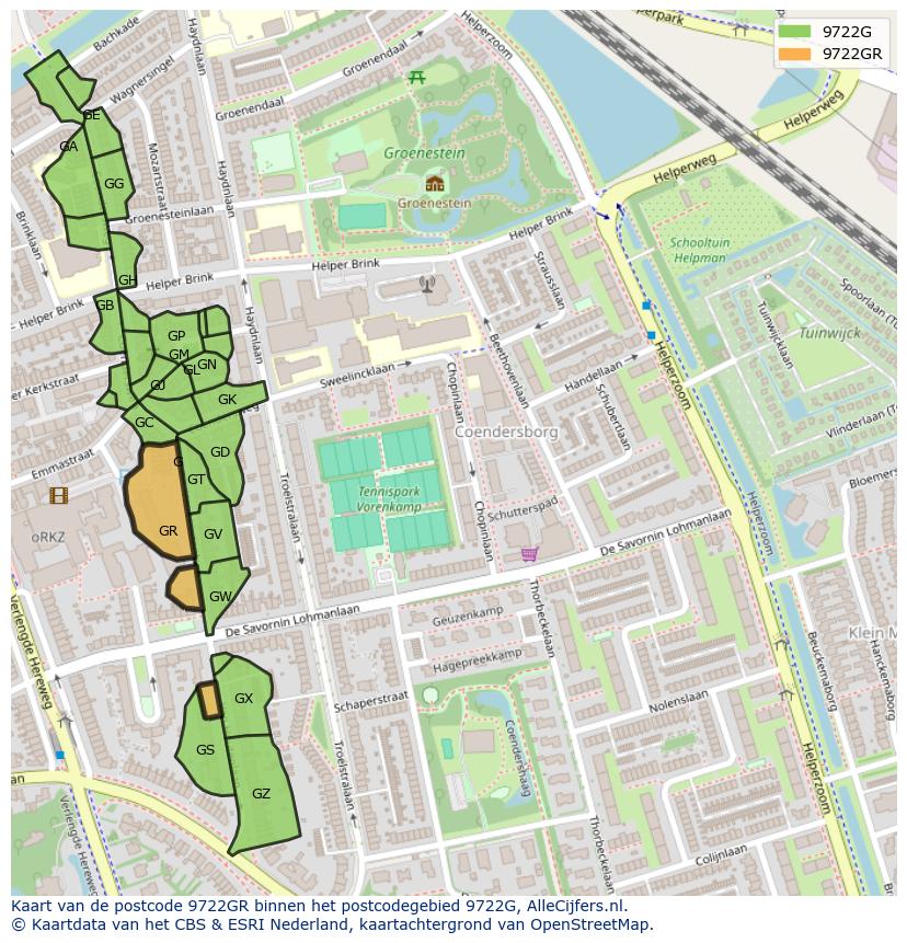 Afbeelding van het postcodegebied 9722 GR op de kaart.