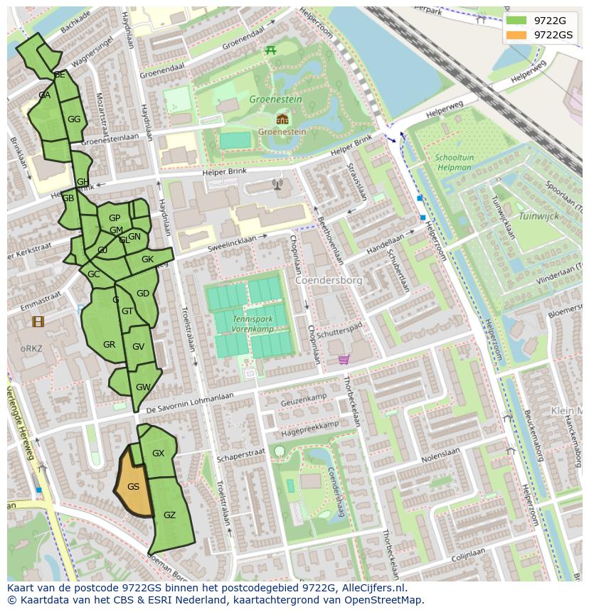 Afbeelding van het postcodegebied 9722 GS op de kaart.