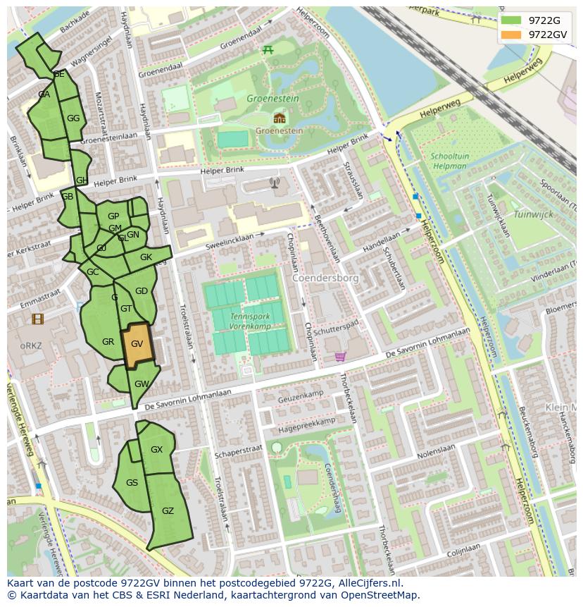 Afbeelding van het postcodegebied 9722 GV op de kaart.