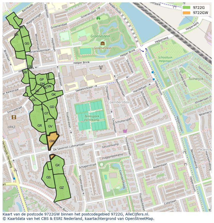 Afbeelding van het postcodegebied 9722 GW op de kaart.