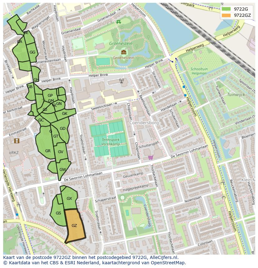 Afbeelding van het postcodegebied 9722 GZ op de kaart.