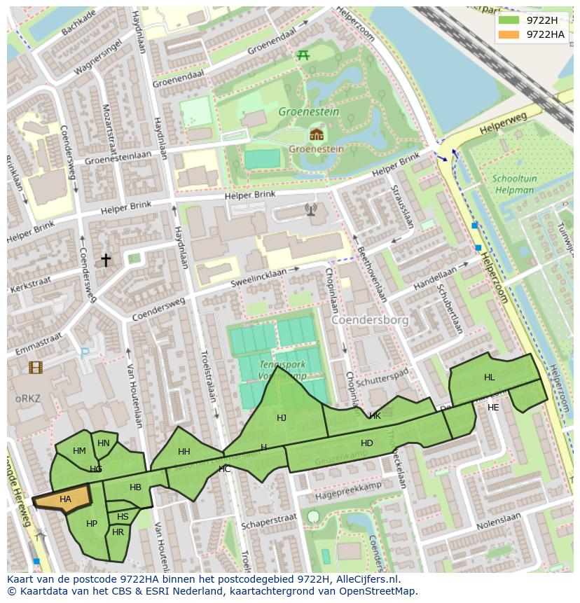 Afbeelding van het postcodegebied 9722 HA op de kaart.