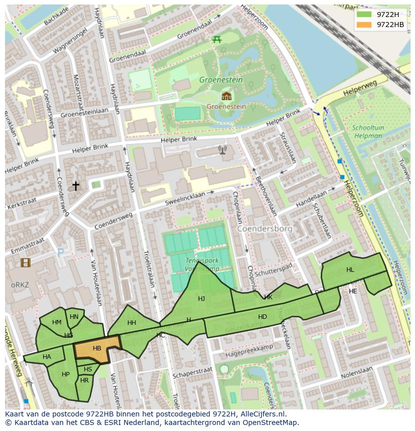 Afbeelding van het postcodegebied 9722 HB op de kaart.