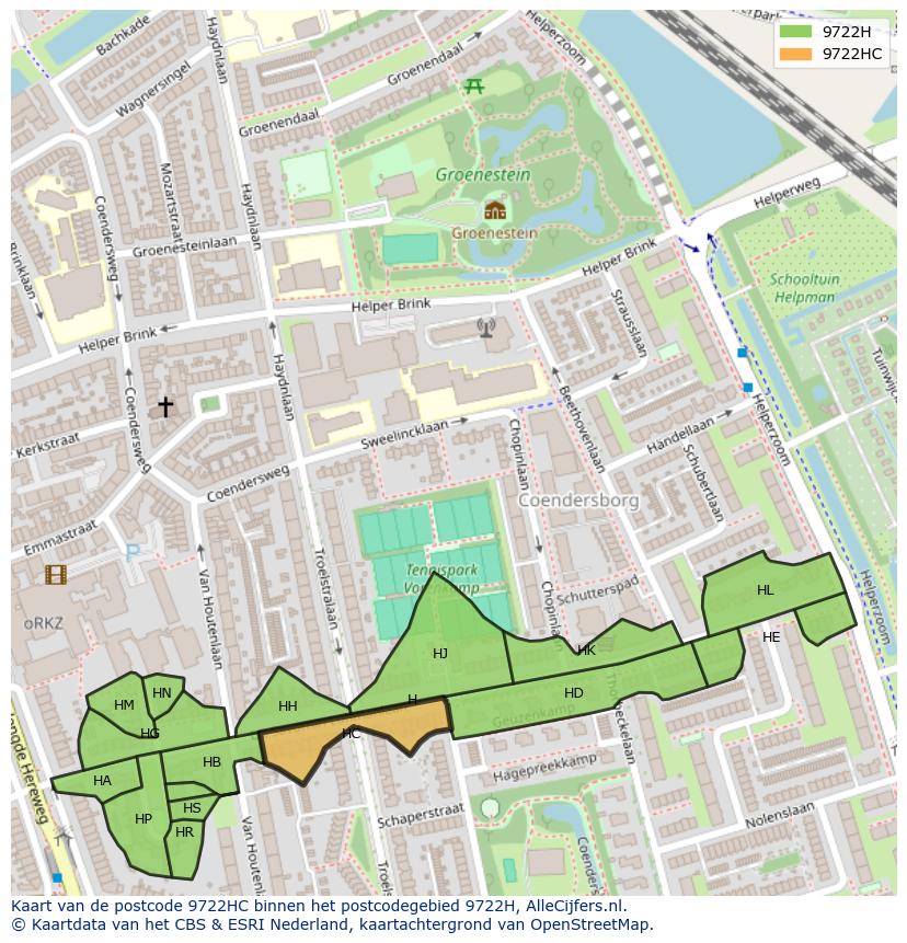 Afbeelding van het postcodegebied 9722 HC op de kaart.
