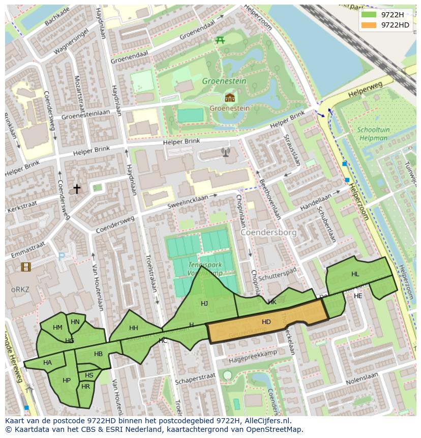 Afbeelding van het postcodegebied 9722 HD op de kaart.