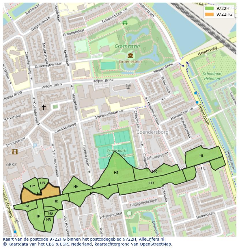 Afbeelding van het postcodegebied 9722 HG op de kaart.