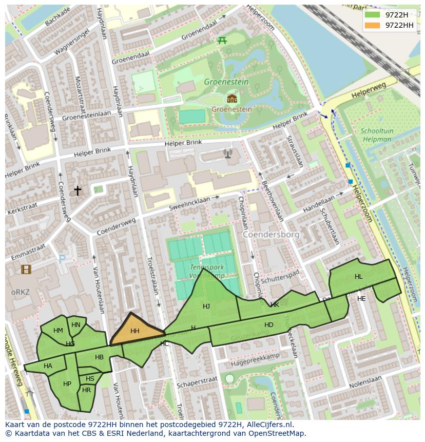 Afbeelding van het postcodegebied 9722 HH op de kaart.