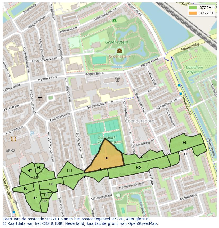 Afbeelding van het postcodegebied 9722 HJ op de kaart.