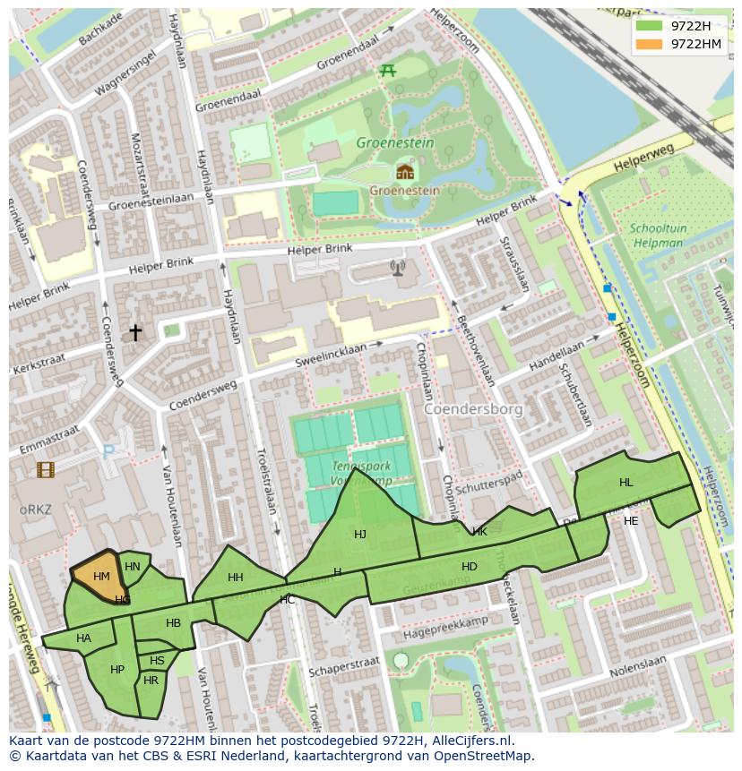 Afbeelding van het postcodegebied 9722 HM op de kaart.