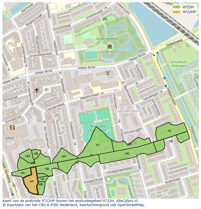Afbeelding van het postcodegebied 9722 HP op de kaart.