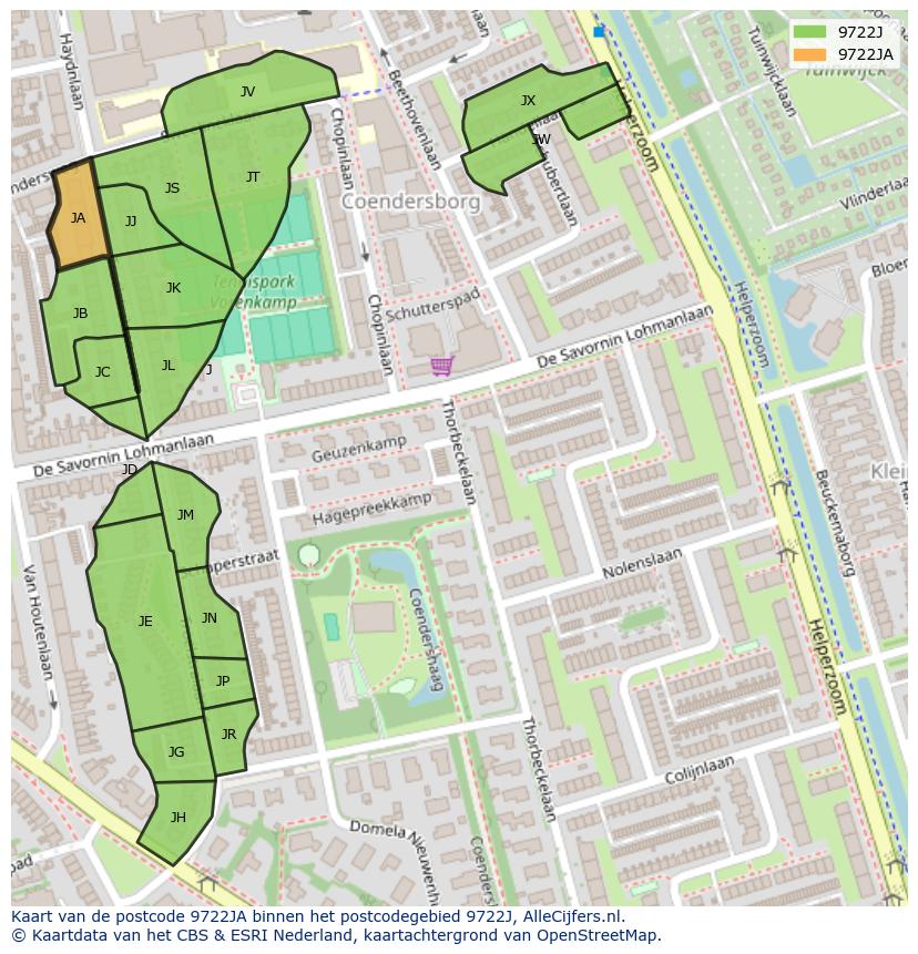 Afbeelding van het postcodegebied 9722 JA op de kaart.