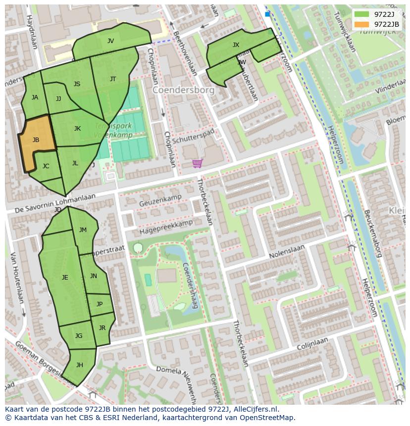 Afbeelding van het postcodegebied 9722 JB op de kaart.