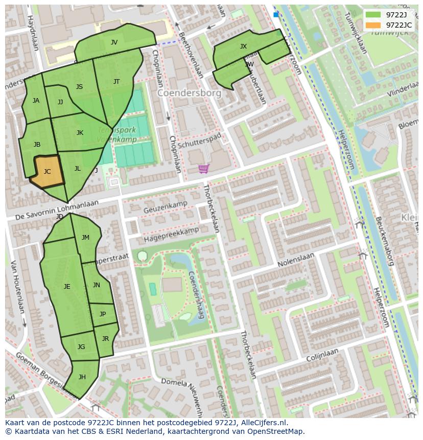 Afbeelding van het postcodegebied 9722 JC op de kaart.